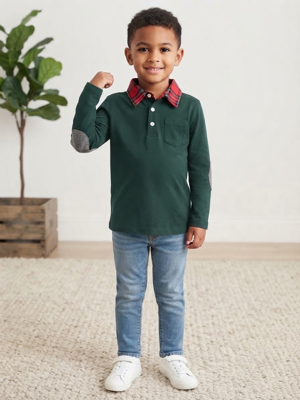 Andy & Evan Long-Sleeve Polo with Red Plaid Collar and Dark Green Body